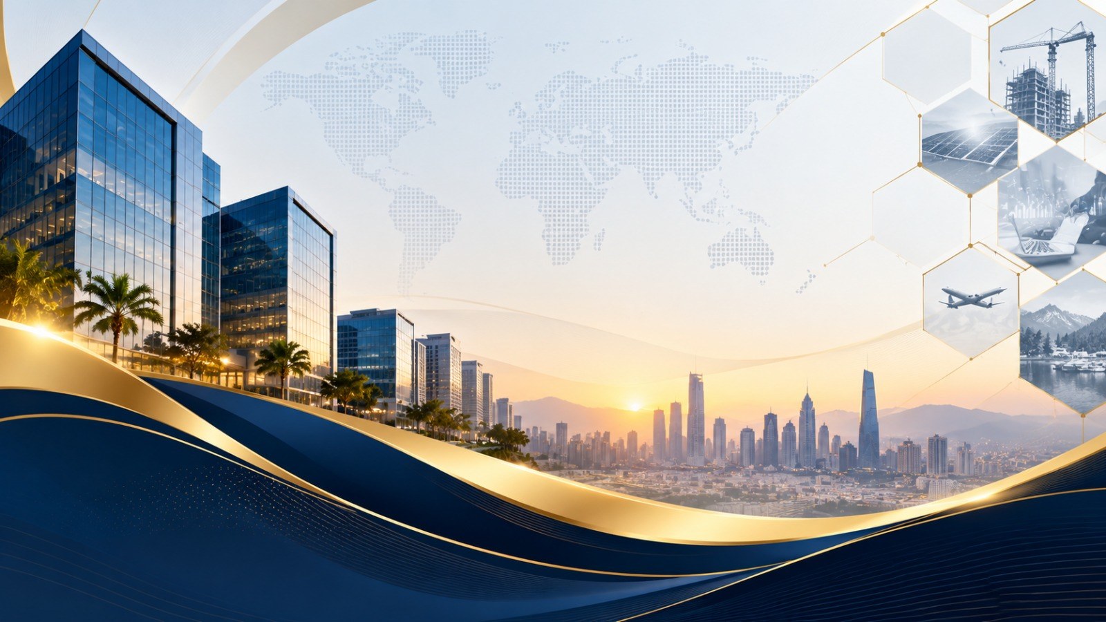 Modern glass towers and city skyline at sunrise